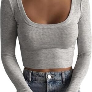 Artfish Women's Square Neck Long Sleeve Ribbed Slim Fitted Casual Basic Crop Top