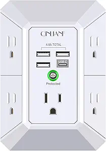 Wall Charger, Surge Protector, QINLIANF 5 Outlet Extender with 4 USB Charging Ports (4.8A Total) 3-Sided 1680J Power Strip Multi Plug Adapter Spaced for Home Travel Office (3U1C)