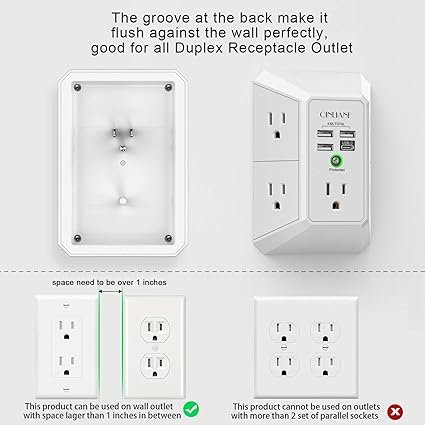 Wall Charger, Surge Protector, QINLIANF 5 Outlet Extender with 4 USB Charging Ports (4.8A Total) 3-Sided 1680J Power Strip Multi Plug Adapter Spaced for Home Travel Office (3U1C) - Image 3
