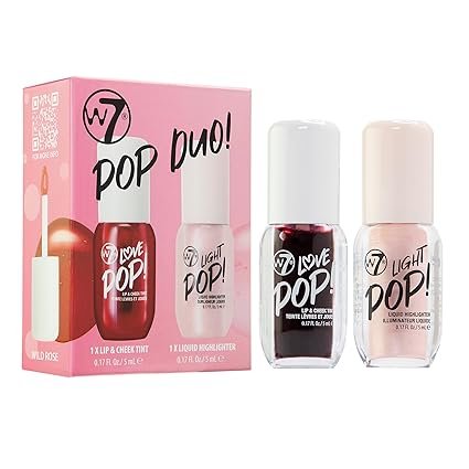 W7 Pop Duo Makeup Set - Love Pop Lip & Cheek Tint + Light Pop Liquid Highlighter - Buildable Colour, Juicy Tint & Glow