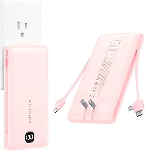 VEEKTOMX Portable Charger with Built in Cables 10000mAh, Power Bank for iPhone with Wall Plug, Travel Essential Fast Charging USB C Slim External Battery Pack for iPhone 17/16/15/14, Samsung, iPad,etc