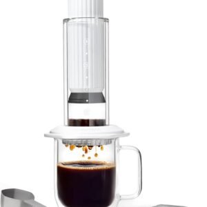 AeroPress Premium Coffee Press, Glass, Stainless Steel & Aluminum Coffee Maker, all-in-One French Press, Pour-Over & Espresso-Style manual brewer, 2 min brew for less bitterness, more flavor (White)