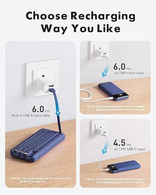 charmast Portable Charger with Built in Cables, Power Bank with Cords Wires, Slim 10000mAh Travel Battery Pack 6 Outputs 3 Inputs 3A Fast Charging for Samsung Google Pixel LG Moto iPhone iPad - Image 2