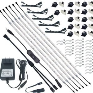 Color	Daylight 5000K Brand	Litever Indoor/Outdoor Usage	Indoor Special Feature	Easy to install, Flexible, Motion Sensor Light Source Type	LED Power Source	Corded Electric Light Color	Daylight White Theme	BookShelf Display Shelf Occasion	Father's Day Style	Modern    See more  About this item Easy Installation. The super strong self-adhesive tape on the back, mounting clips and screws, small extension cables and connectors and cable tiers will help you to install those very slim flexible LED light strip quickly. And all the parts can be well hided easily. Super Bright. Though very slim, those cabinet lighting strips are built with branded LEDs and produce nice bright white light. Reliable Design. Certified Class 2 power adapter. Each LED strip inside a transparent protective silicone hose to protect the LED strips from being damaged by static, dust, moisture. And they can be easily cleaned. Highly DIY Design. You can buy Litever LED dimmer or PIR motion sensor switch or cabinet-door-activated switch to DIY this Litever 6-Flex-Strip-Kit under cabinet lighting system. Multiple Applications. Power splitter and extension cables included in this LED light strip kit greatly diversify the applications. This under cabinet LED lighting strip kit can be easily installed to work as kitchen counter lighting, above or under kitchen cabinet lighting, bookshelf lighting, cupboard lighting, closet lighting, showcase or display case lighting, safe box lighting, etc.