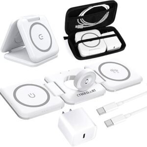 3 in 1 Apple Charging Station for iPhone Airpods iWatch - Travel Charger for Multiple Devices, Portable Foldable Charging Station - Magnetic iPhone Charger with Adaptor&Case (White)