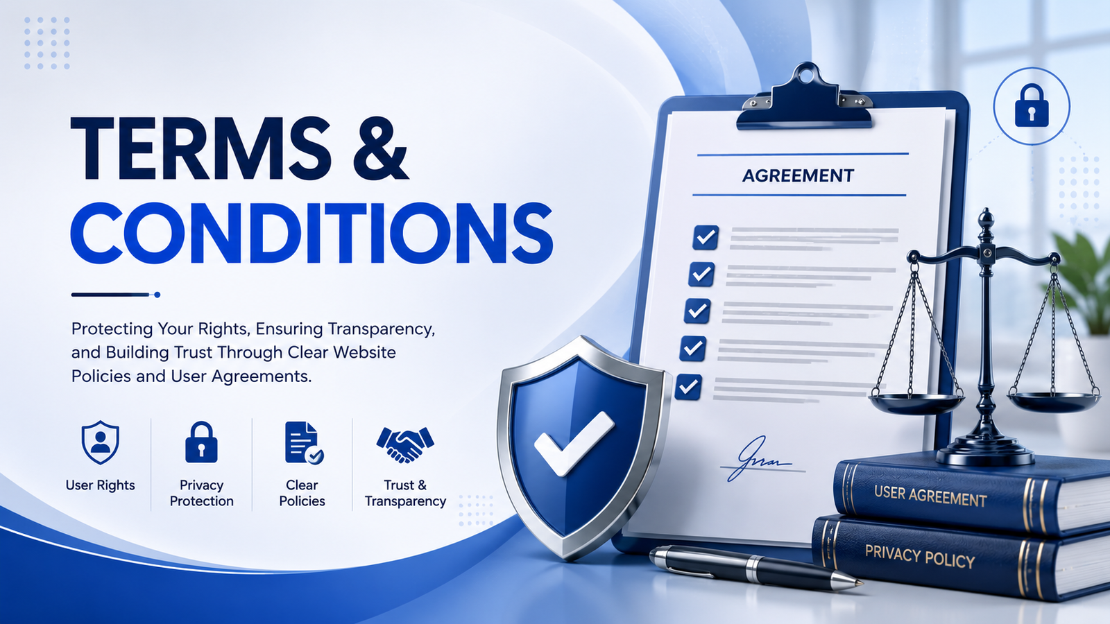 Terms and Conditions legal agreement banner with privacy protection, security shield, user rights, compliance, and website policy concept.